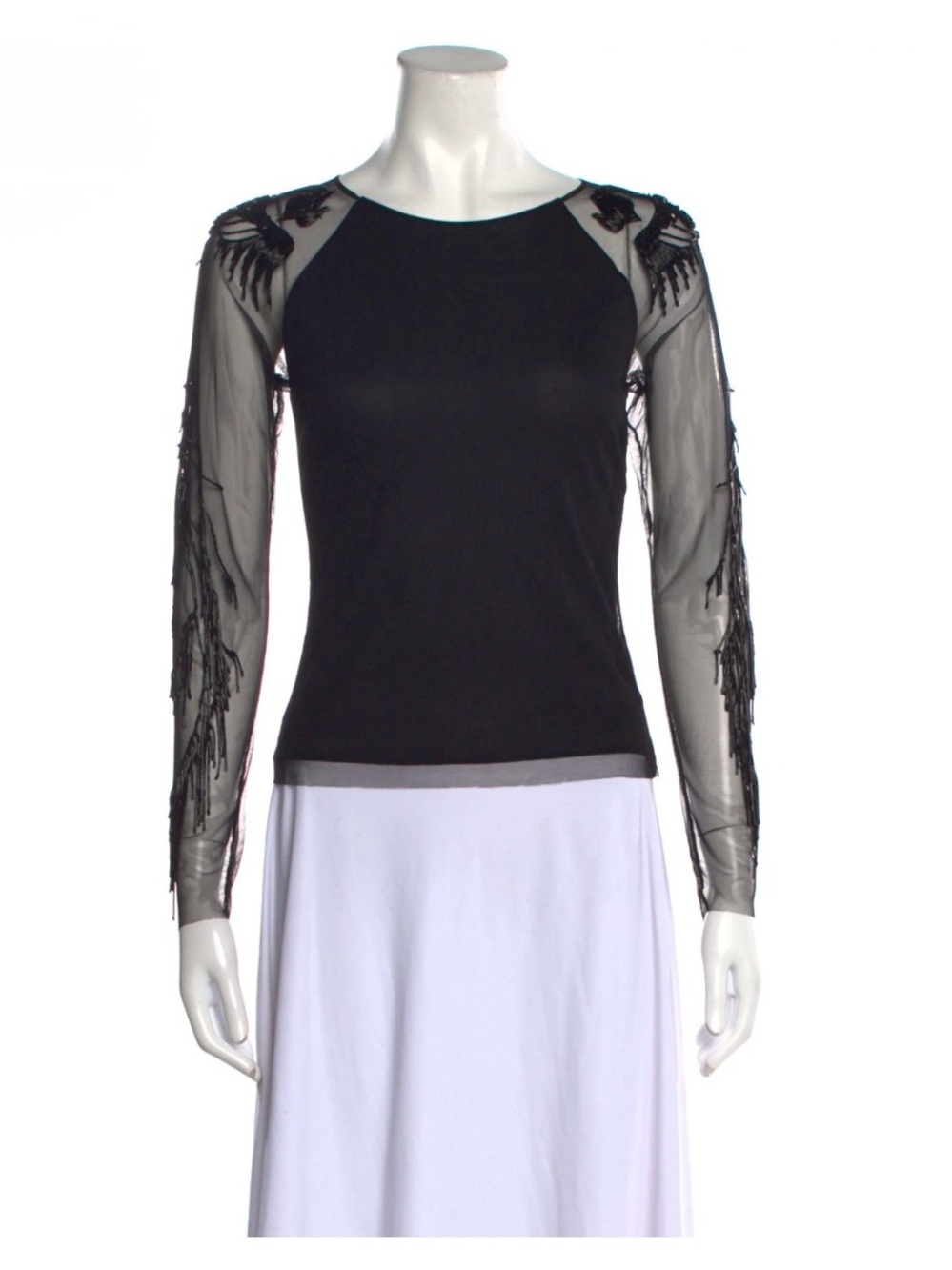 Vivienne Tam Vintage 90s Y2K Beaded Bird Mesh Sheer Fringe Top Size 2 Rare